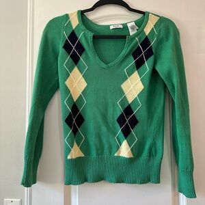 Vintage! Liz & Co Green V-Neck Sweater with Argyle Pattern Yellow & Black